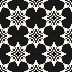 Vector abstract geometric seamless pattern. Simple elegant texture with ornamental grid, flower shapes, stars, repeat tiles. Tribal ethnic motif. Black and white folk style background. Repeated design