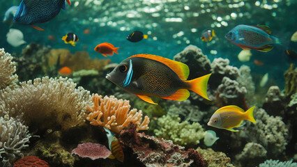 Naklejka premium Mesmerizing scene unfolds as diverse vibrant color group of exotic fish swim gracefully in aquarium