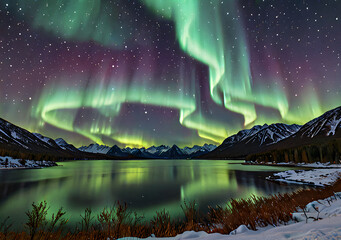aurora borealis over the lake - obrazy, fototapety, plakaty