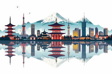 Japanese city reflection on the water with landscape view background illustration