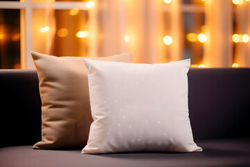 A white pillow on the sofa, Christmas lights in a blur, a layout for your design.