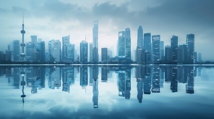 Panoramic reflection waterfront of city skyline in blue tone color. AI generated image - obrazy, fototapety, plakaty