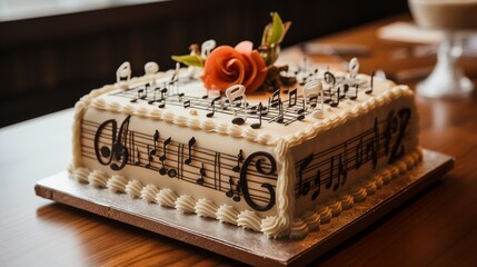 A cake decorated with edible musical notes and instruments