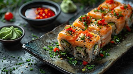 Beautiful sushi and rolls on a dark stone background. Food advertising. Banner, menu.