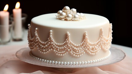 Fototapeta na wymiar A cake decorated with edible pearls and lace