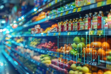 Supermarket aisle with overlaid financial graphs depicting consumer behavior analysis