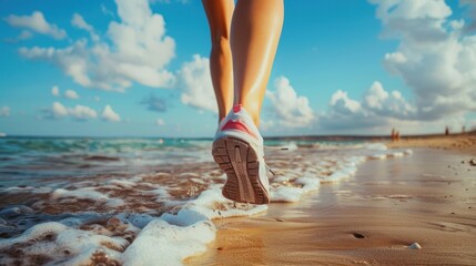 Portrait of a female athlete feet wearing sport shoes running on the beach. Generated AI image - obrazy, fototapety, plakaty