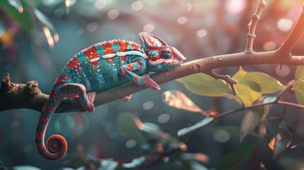 Close up colorful chameleon animal on the tree branch with natural blur background. AI generated
