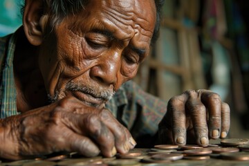 Elderly man carefully counting coins on a wooden table with intense focus - obrazy, fototapety, plakaty