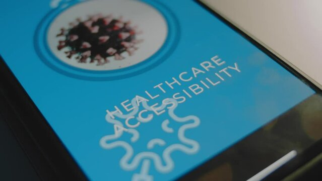 Healthcare Accessibility inscription on smartphone screen. Graphic presentation of a rotating virus cell. Healthcare and Medical Insurance concept