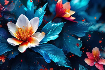 Image features striking contrast between vivid colors of flowers, dark backdrop, creating visually appealing, dramatic composition. For interior design, textiles, clothing, gift wrapping, web design.