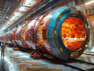 Giant Particle Accelerator Tunnel with Scientist Observing, scientific research, Vanishing Point, quantum mechanics