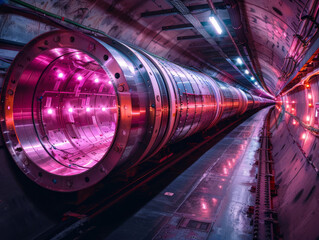 Futuristic Tunnel Interior with Neon Lighting, Large Particle Accelerator