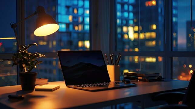 Portrait of modern workspace with laptop and spotlight on table at night. AI generated image
