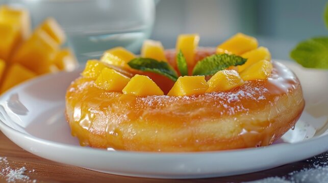 Tasty sweet mango and soy milk donuts dessert snack on white plate on the table. AI generated image