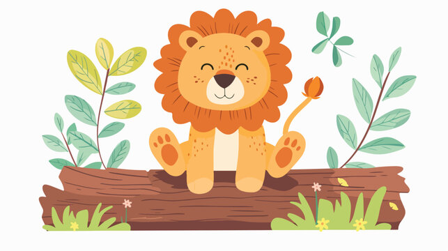 Illustration of a little lion sitting above the woo