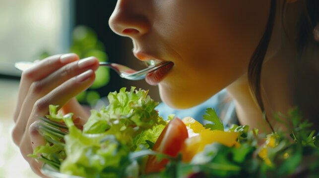 Close up view a woman eating healthy food vegetable salad, healthy eating concept. Generated AI
