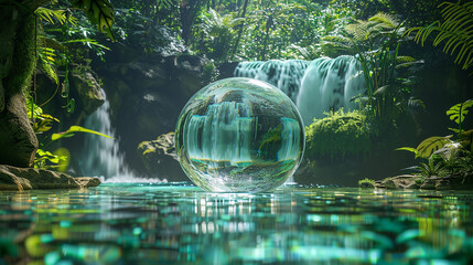 A tranquil waterfall cascading into a crystal-clear pool below, surrounded by lush greenery and the symphony of nature's melody, encapsulated within a serene 3D glass globe.