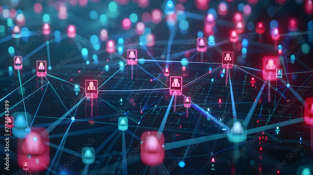 Poster a digital map featuring interconnected location pins, symbolizing global network connectivity and ge