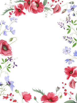 Watercolor floral background with red poppies. Hand drawn illustration isolated on white background. Vector EPS.
