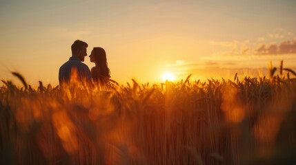 Back view romantic couple staying at a wheat field at sunset dawn landscape. AI generated image