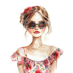 Watercolor portrait of a beautiful young girl in sunglasses on a white background - 774443819