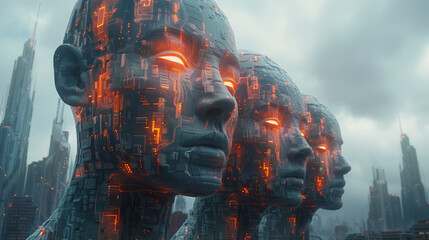 Three faces made of metal with glowing eyes and a city in the background. AI.