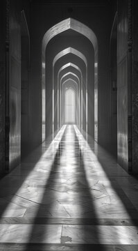 A long hallway with arched windows and a light shining on the floor. AI.