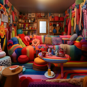photo of a room where everything is knitted in stockinette stitch, colorful, tactile, high texture
