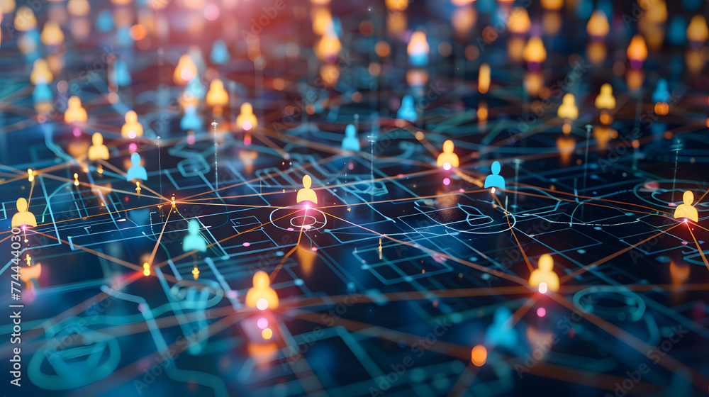 Poster a digital map featuring interconnected location pins, symbolizing global network connectivity and ge