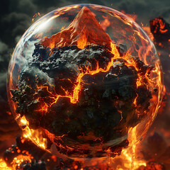 A volcanic island chain with fiery eruptions and black sand beaches, encased within a fiery 3D glass globe. - obrazy, fototapety, plakaty