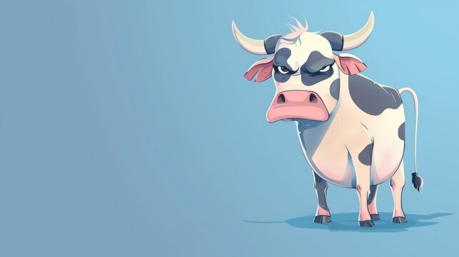 Illustration Cute Cartoon Cow copy space on a blue background. AI generated image