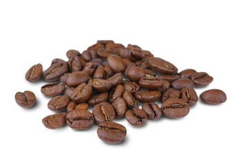 Pile of aromatic roasted arabica coffee beans close up, macro isolated on white, transparent background. Wallpaper, texture, background, top view.