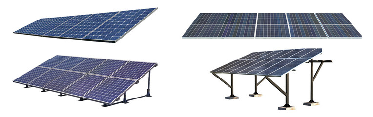 Various angled solar panel arrays cut out on transparent background