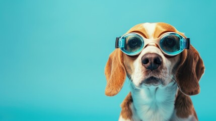Portrait of a dog wearing goggles for swimming and whining in the summer near the pool or in the sea. The dog is on vacation. Summer holiday concept.