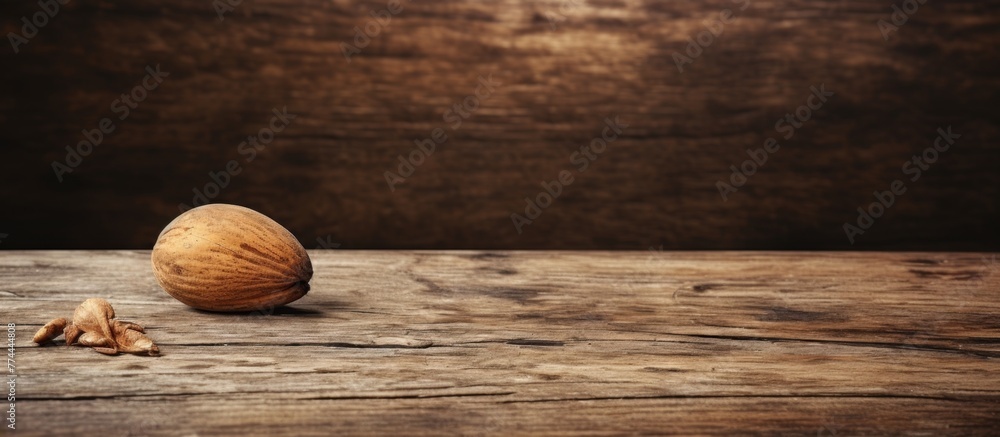 Wall mural A single walnut nut is placed on a simple wooden table surface, showcasing its natural and rustic appearance - Wall murals