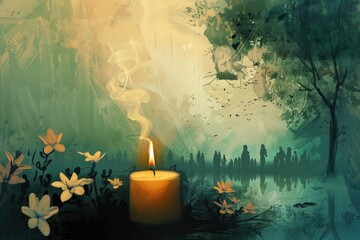 Candle illuminating a dreamy canvas with whimsical flora and distant silhouettes in a contemplative dusk