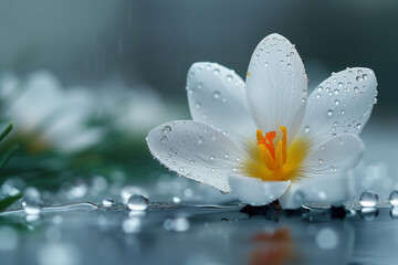 Single flower of white crocus in the spring rain, selective focus, background bokeh
