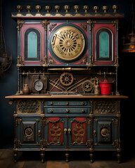 Steampunk Eastlake Victorian kitchen cabinet, hoosier kitchen cupboard, wood, rustic, brass gears, painted folk design, front view, no perspective, doors, asymmetrical designs, text