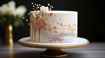 Cake decorated with a minimalist splatter pattern of edible metallic paint in varying shades.
