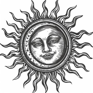 An image of the sun with a face and rays. A mystical, esoteric or occult design element. Cartoon characters in pencil drawing style. Black and white image. Illustration for cover, card, print, etc.
