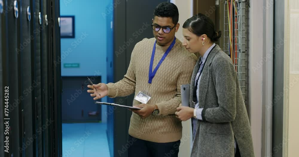 Poster business people, server room and teamwork or inspection with cybersecurity checklist, gdpr and compl