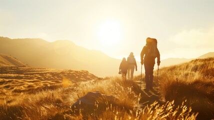 Hikers with backpacks walking through sunlit golden grassy field during sunset in a rural landscape - obrazy, fototapety, plakaty