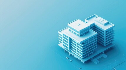 Illustration of a 3D miniature model modern, white building complex on blue background - obrazy, fototapety, plakaty