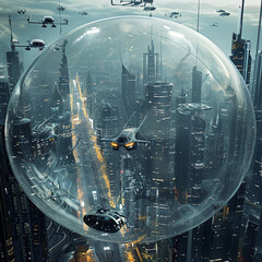 A bustling futuristic cityscape with flying cars and towering skyscrapers, enclosed within a technologically advanced 3D glass globe.
