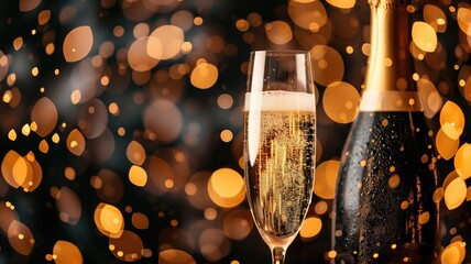 A champagne flute next to a bottle with golden bokeh lights in the background - obrazy, fototapety, plakaty