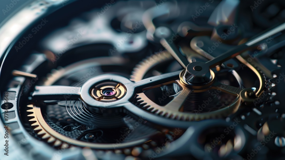 Aufkleber close-up of intricate watch mechanism with visible gears and springs illuminated softly