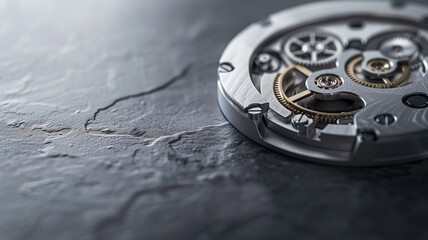 Close-up of a watch mechanism on dark stone background, showcasing intricate details and gears - obrazy, fototapety, plakaty