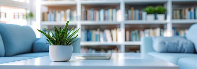 Modern office lounge interior with plant, sofa, and bookshelves