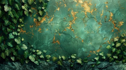 A texture combining the flowing, elegant lines of Art Nouveau with floral elements, featuring strands of green ivy and golden accents created with Generative AI Technology